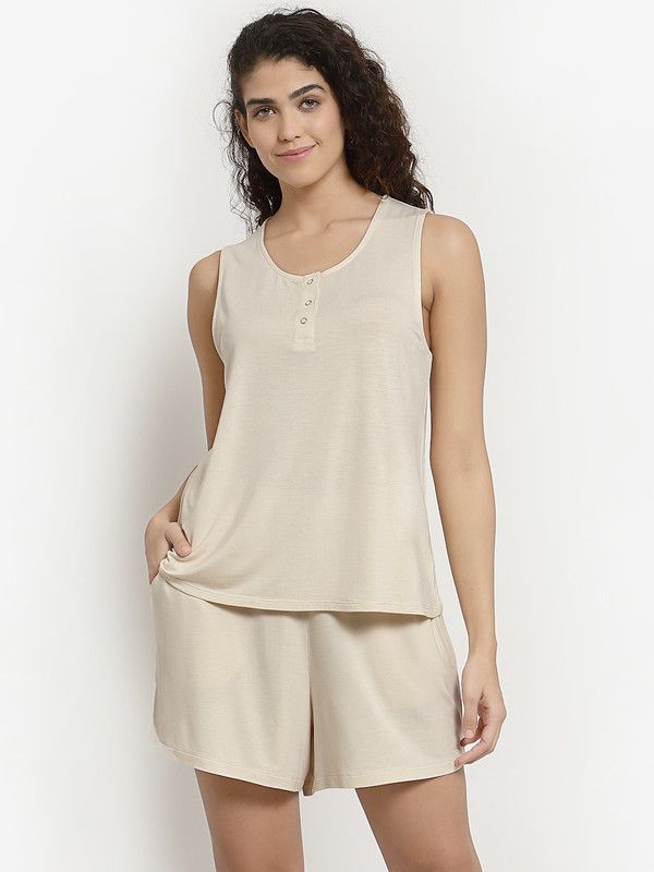 Women Top & Shorts Set Beige Solid