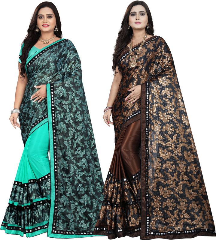 Embellished, Floral Print Bollywood Lycra Blend Saree  (Pack of 2, Light Blue, Brown)