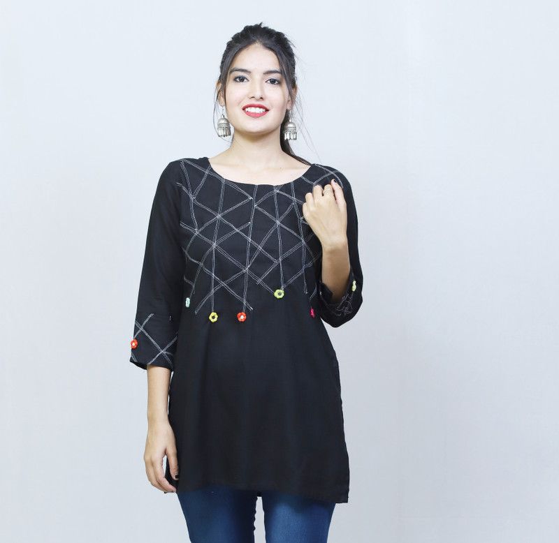 Women Geometric Print Cotton Rayon Straight Kurta  (Black)