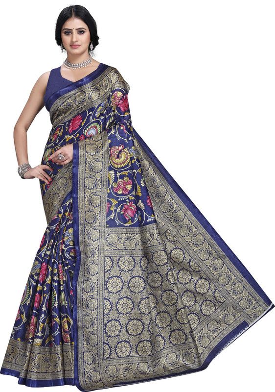 Printed Bollywood Cotton Blend Saree  (Dark Blue, Gold)