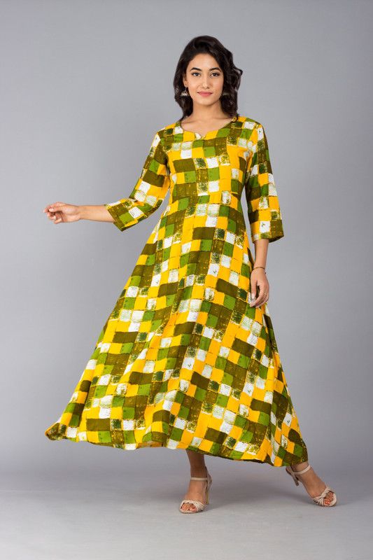 Checkered Rayon Blend Stitched Flared/A-line Gown  (Yellow)