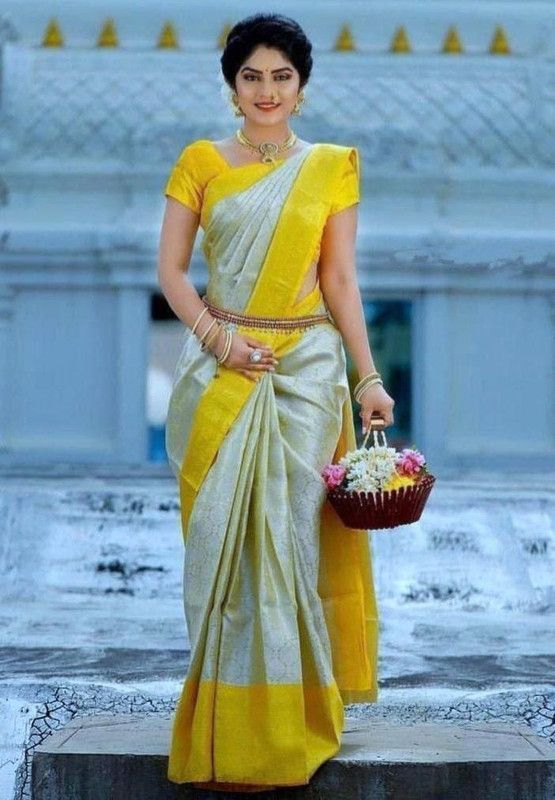 Printed, Striped Banarasi Cotton Silk Saree  (White)
