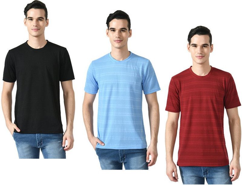 Pack of 3 Men Striped Round Neck Polyester Blue, Maroon, Black T-Shirt