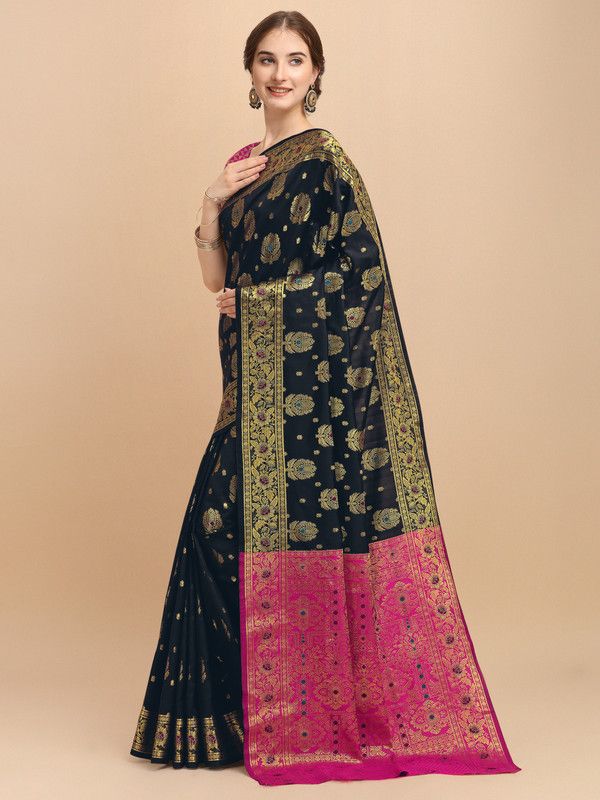 Woven, Solid/Plain Kanjivaram Jacquard, Pure Silk Saree  (Black)