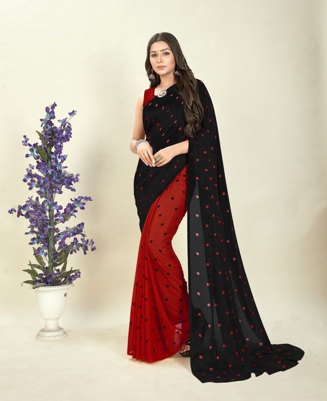 Polka Print Bollywood Georgette Saree  (Red, Black)