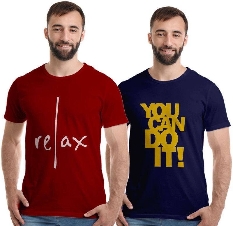 Pack of 2 Men Printed Round Neck Pure Cotton Dark Blue, Maroon T-Shirt