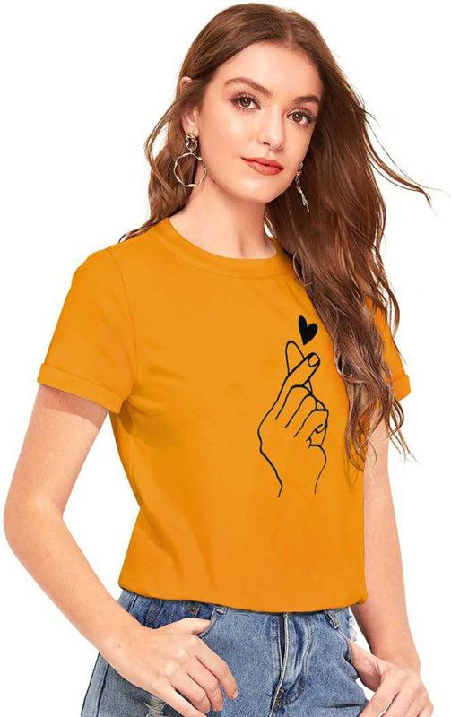 Women Graphic Print Round Neck Cotton Blend Yellow T-Shirt