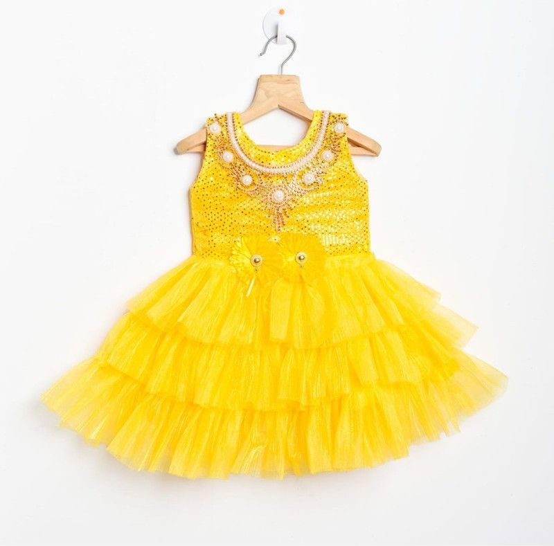 Girls Above Knee Party Dress  (Gold, Sleeveless)