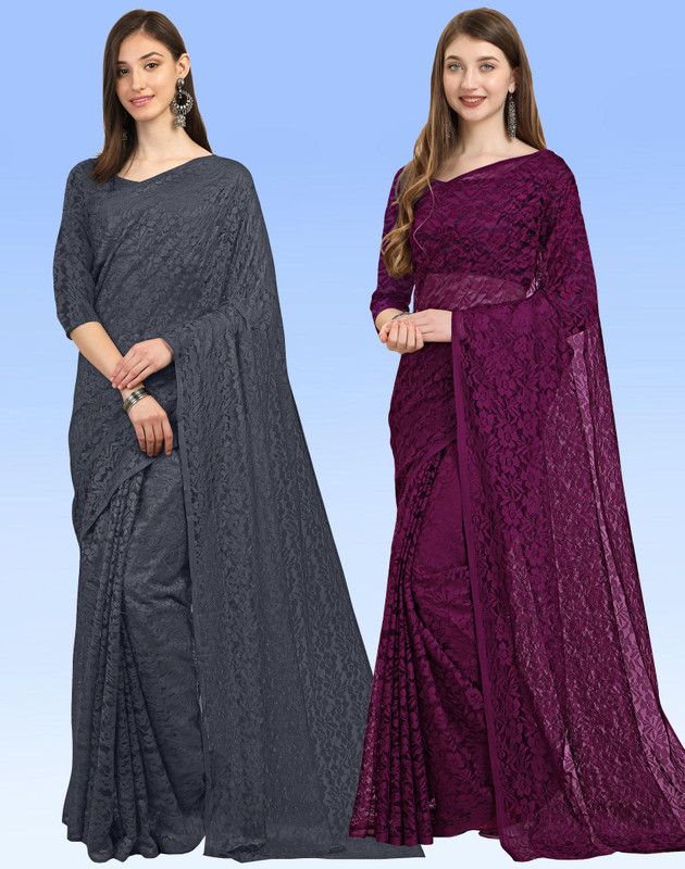 Embellished Bollywood Net, Brasso Saree  (Pack of 2, Grey, Purple)