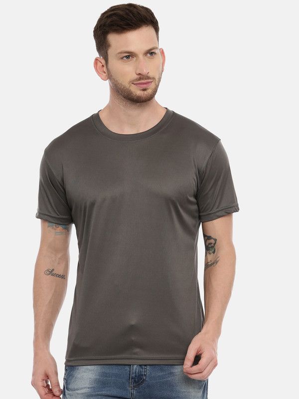 Cottsberry Sports Daily Round Neck T-Shirt Men Solid Round Neck Polyester Grey T-Shirt
