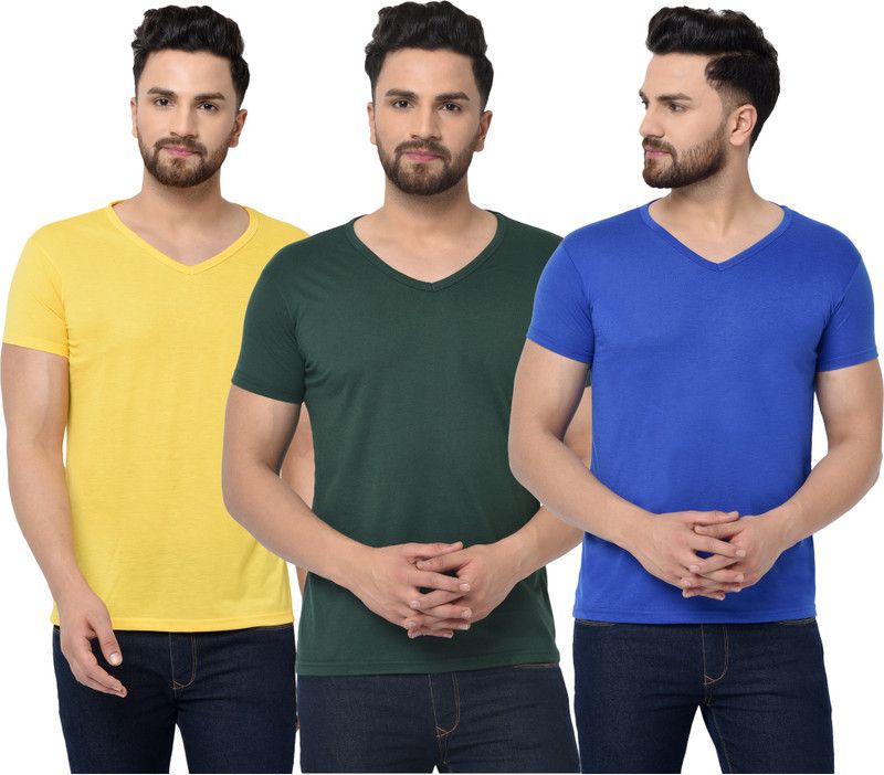 Pack of 3 Men Solid V Neck Cotton Blend Purple, Green, Yellow T-Shirt