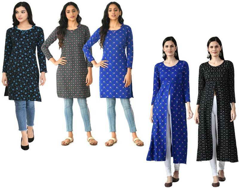 Pack of 5 Women Printed Wool Frontslit Kurta  (Multicolor)