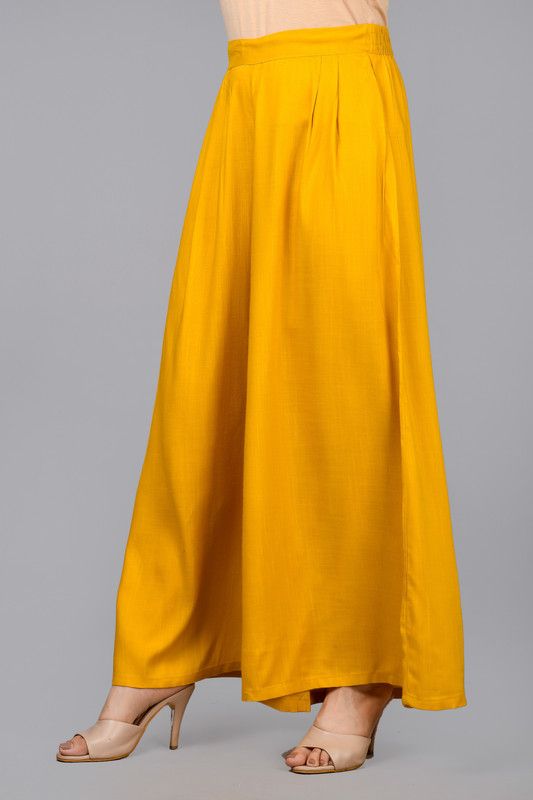 Women Flared Yellow Viscose Rayon Trousers