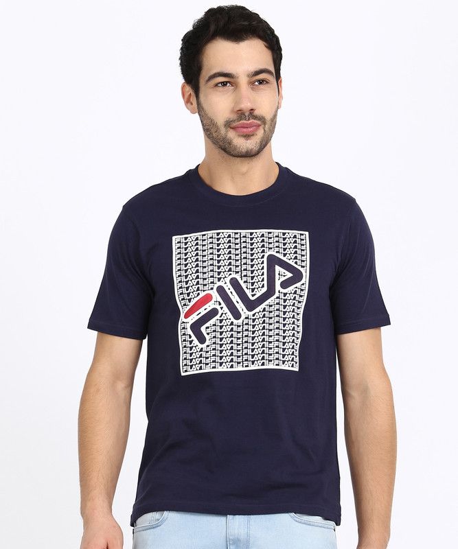 Men Typography Round Neck Cotton Blend Dark Blue, White T-Shirt