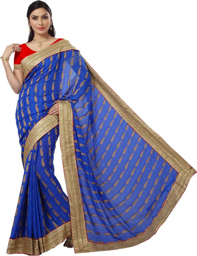 Embellished Bollywood Crepe Saree  (Blue)