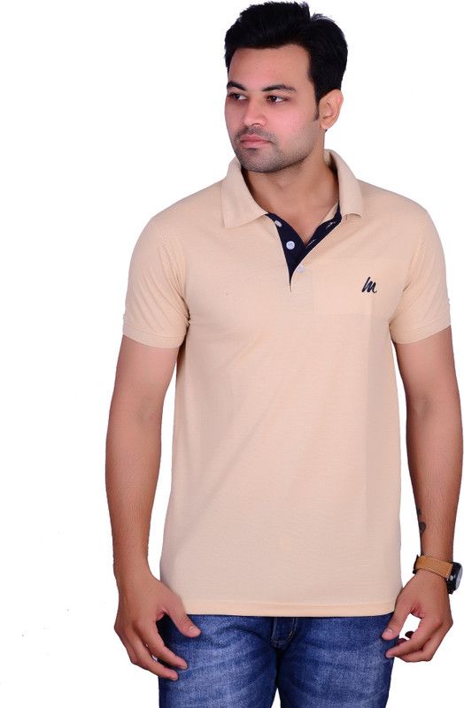 Men Solid Polo Neck Cotton Blend Beige T-Shirt