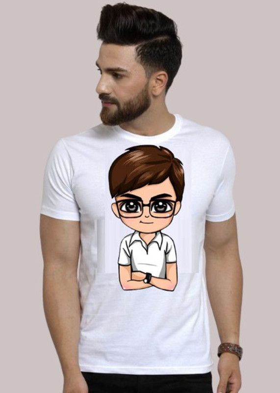Cartoon boy printed White 100% Cotton Printed T-Shirt Men Printed Round Neck Cotton Blend White T-Shirt
