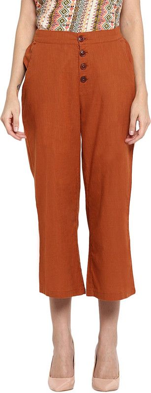 Women Regular Fit Orange Pure Cotton Trousers