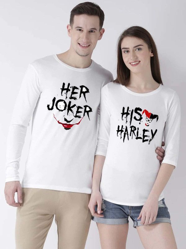 Printed Couple White T-Shirt  (Pack of 2)