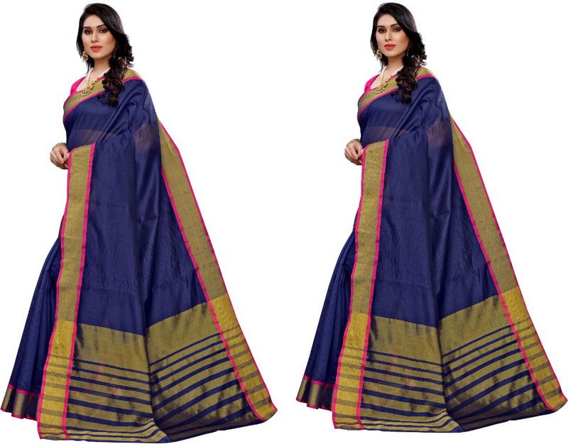 Solid/Plain Daily Wear Art Silk Saree  (Pack of 2, Blue)