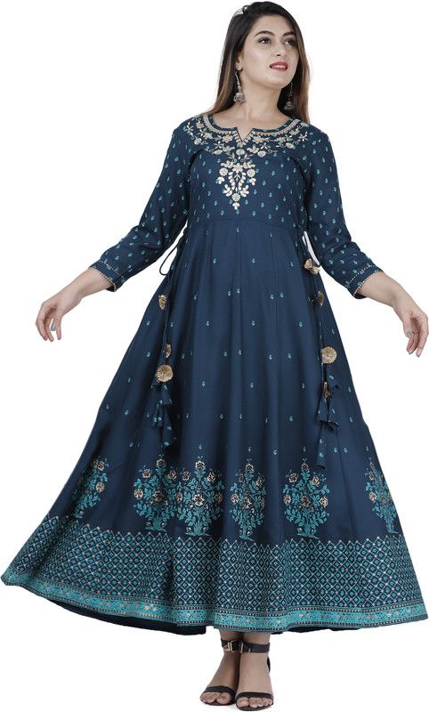 Embroidered Rayon Blend Stitched Anarkali Gown  (Blue)