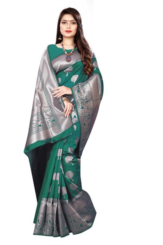Embellished, Woven Kanjivaram Jacquard, Pure Silk Saree  (Light Green)