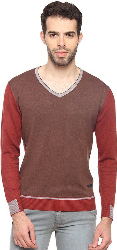 Men Solid V Neck Brown Sweater
