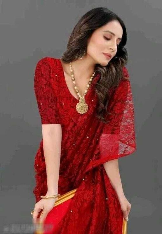 Solid Berhampuri Net Saree  (Red)