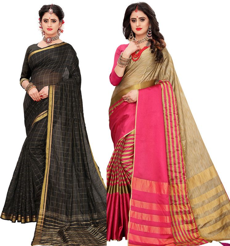 Self Design, Striped, Embellished, Checkered Bollywood Tussar Silk, Cotton Silk Saree  (Pack of 2, Multicolor)
