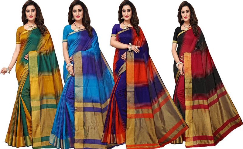 Striped Assam Silk Cotton Blend Saree  (Pack of 4, Multicolor)