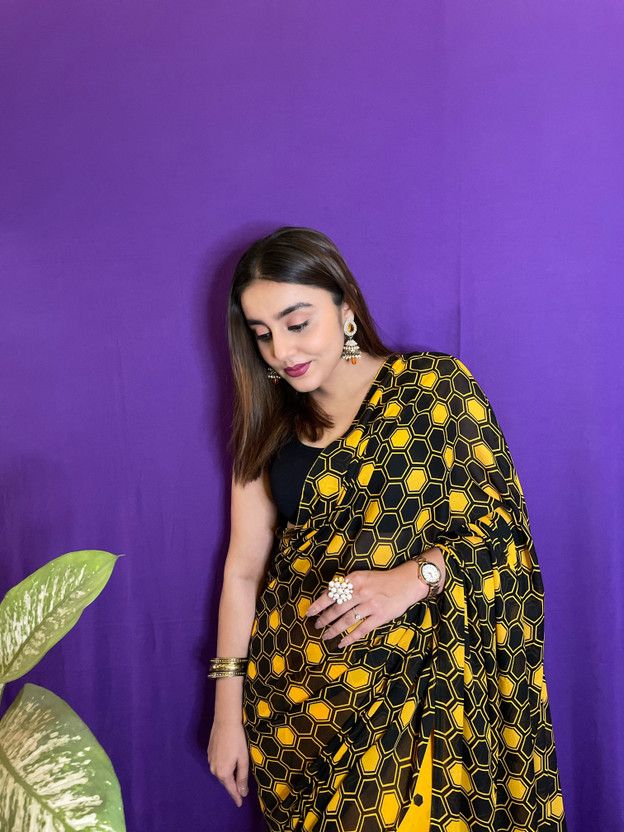 Striped, Polka Print Bollywood Georgette Saree  (Black, Yellow)
