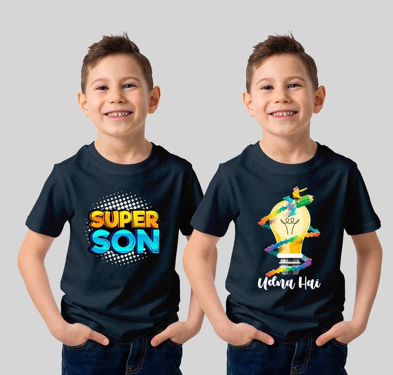 Boys Typography, Printed Pure Cotton T Shirt  (Dark Blue, Pack of 2)
