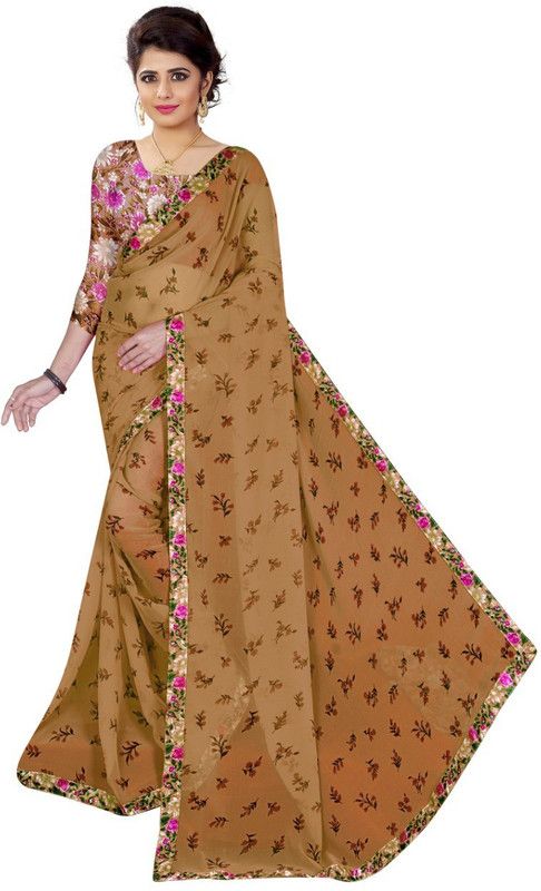 Floral Print Bollywood Crepe Saree  (Brown)