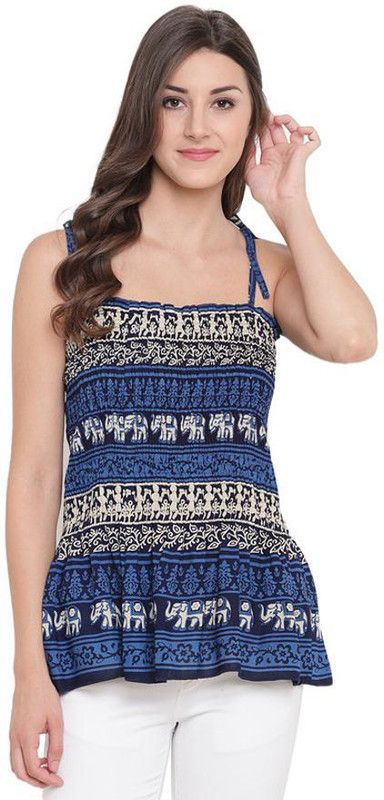 Casual Shoulder Straps Printed Women Blue Top