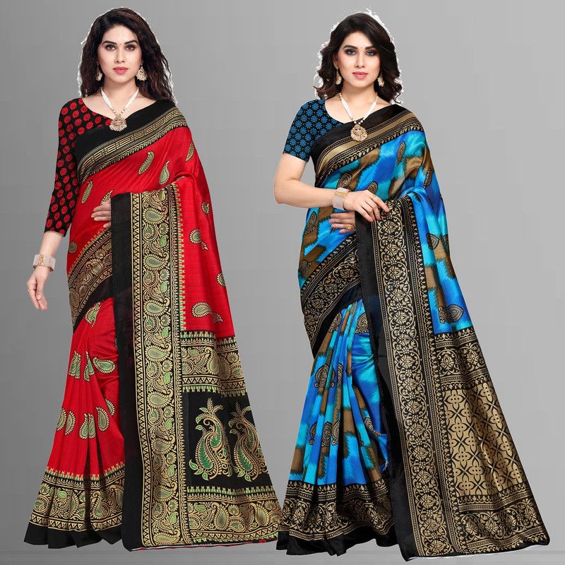 Printed Mysore Art Silk, Cotton Silk Saree  (Pack of 2, Red, Blue, Black)