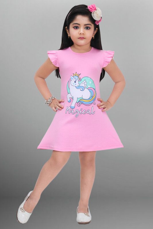Girls Above Knee Casual Dress  (Pink, Short Sleeve)