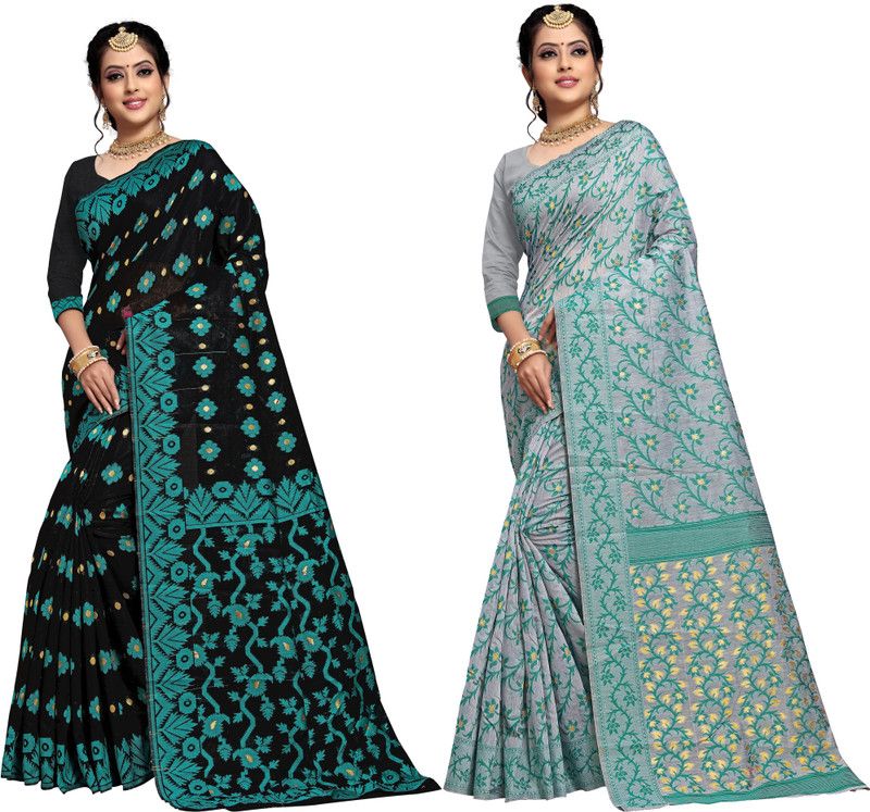 Jamdani Cotton Silk Saree  (Pack of 2, Multicolor)