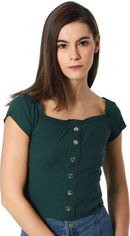 Women Solid Square Neck Polyester Dark Green T-Shirt