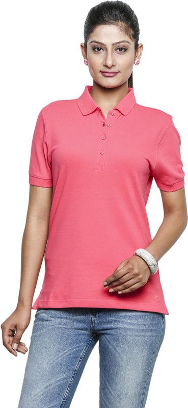 Spring Summer Women Solid Polo Neck Cotton Blend Pink T-Shirt