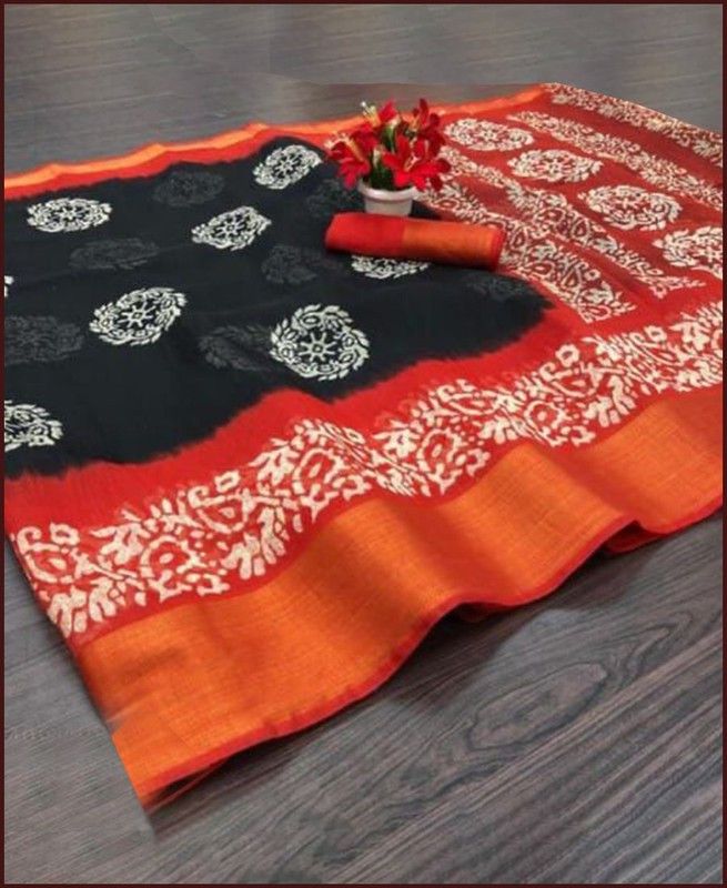Printed Chanderi Cotton Blend Saree  (Red, Black)