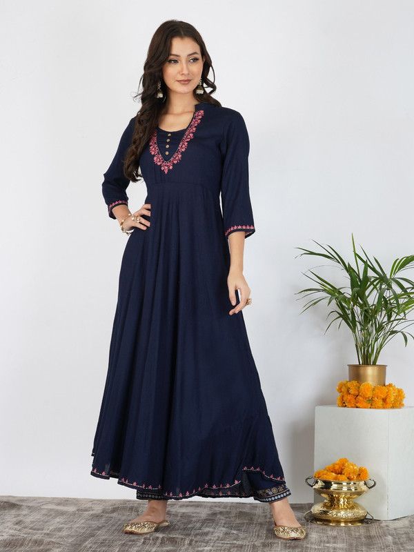 Women Solid Cotton Rayon Flared Kurta  (Dark Blue)