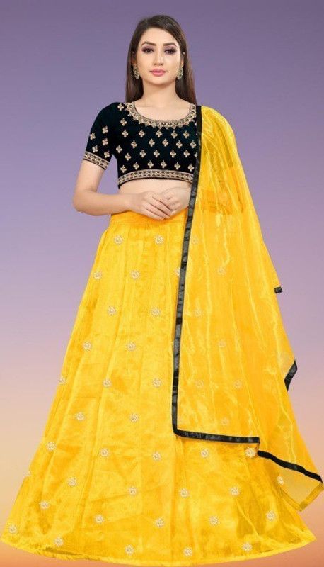 Semi Stitched Lehenga Choli  (Black, Yellow)