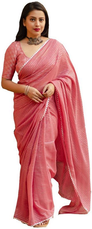 Temple Border Bollywood Chiffon Saree  (Pink)