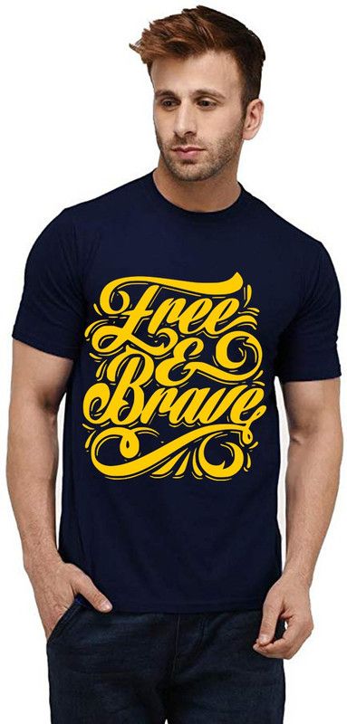 Free And Brave Men Printed Round Neck Pure Cotton Dark Blue T-Shirt