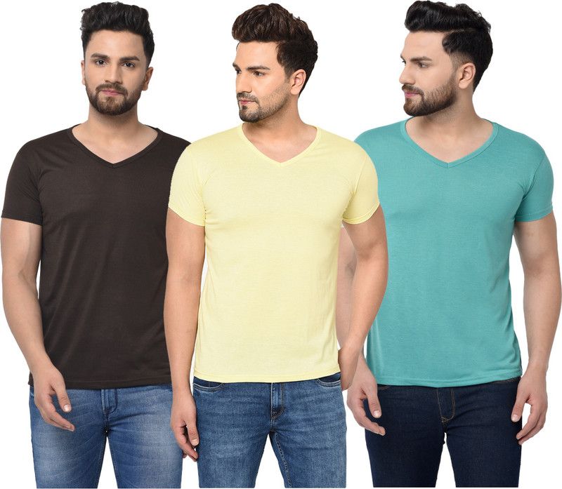 Pack of 3 Men Solid V Neck Cotton Blend Light Blue, Brown, Yellow T-Shirt