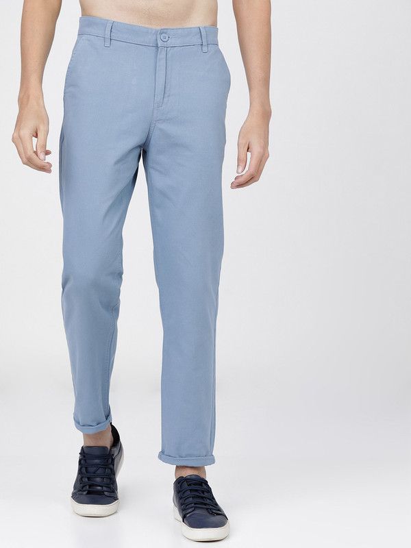 Men Slim Fit Light Blue Cotton Blend Trousers