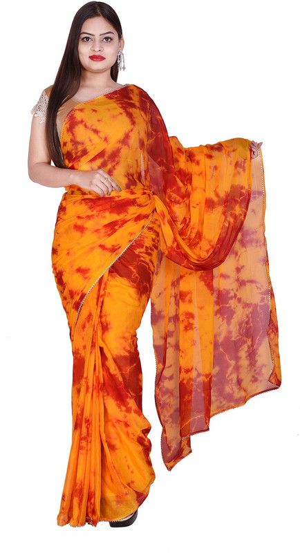 Printed Leheria Chiffon Saree  (Yellow)