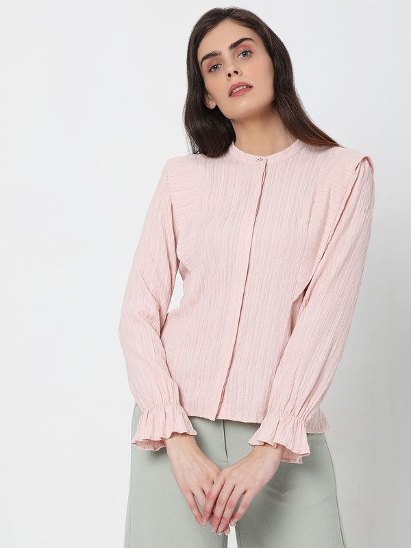 Casual Bell Sleeves Embossed Women Pink Top