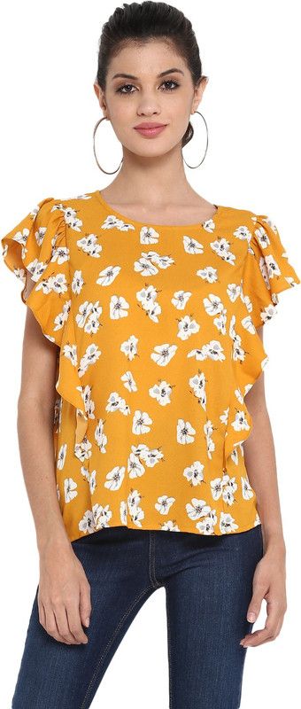 Party Butterfly Sleeves Floral Print Women Yellow Top