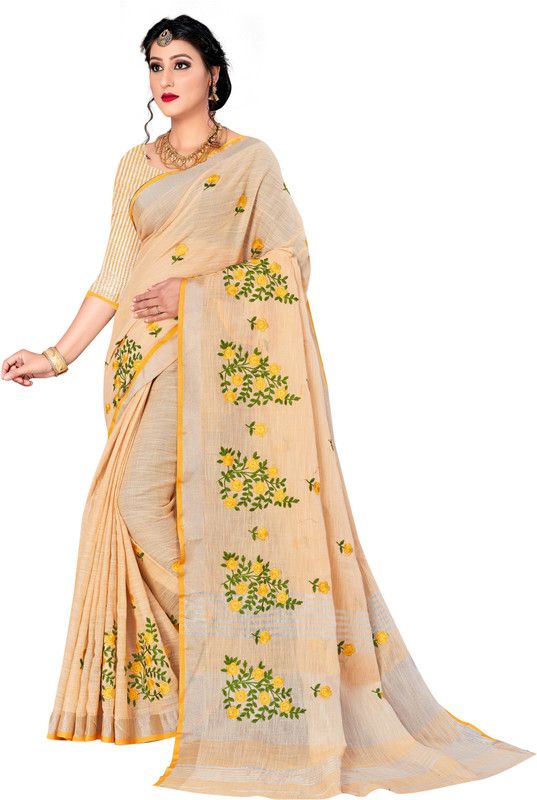 Fashion Linen Saree  (Yellow)